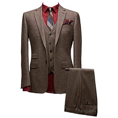 Mens Brown Classic Vintage Tweed Herringbone Wool Wedding Prom Men Suit 3 Pieces Jacket Vest Pant
