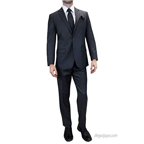 Mens Charcoal 2pc Tailored Fit Formal Business Suit 2 Button Jacket Pant Tie Set