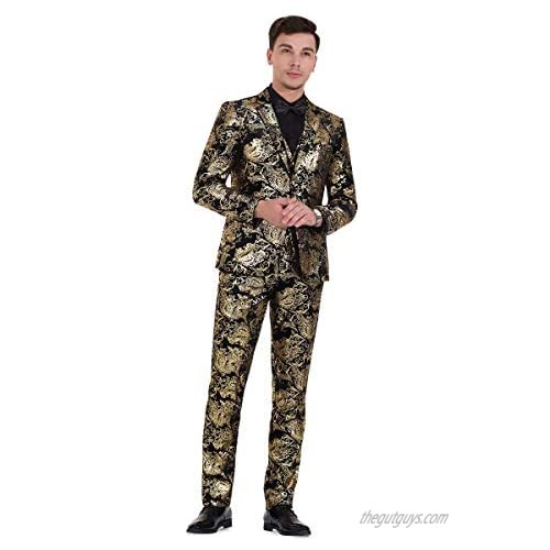 Men's Dress Floral Suit Single-Breasted 3 Pieces Slim Fit 2 Buttons Suit