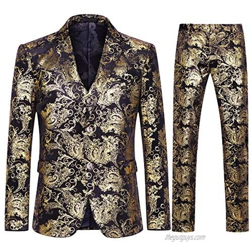 Men's Dress Floral Suit Single-Breasted 3 Pieces Slim Fit 2 Buttons Suit