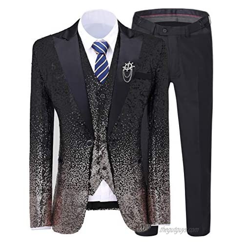Mens Sequins Blazer Vest Suit Peak Lapel 3 Piece Vintage Gradient Stage Party Shiny Fashion Tuxedos