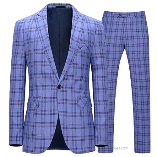 Mens Slim Fit Checked Dress Suit Peaked Lapel One Button Casual Business Daily 2 Piece Suit Set
