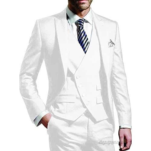 Mens Suit Three-Piece Peaked Lapel Business Wedding Tuxedos Groomsmen(Blazer+Pants+Vest)（White 42S
