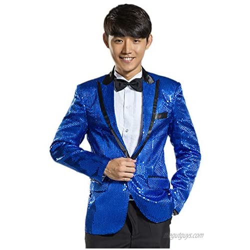 MY'S Men's Gangnam Style Bling Sequins Party Tuxedo Suit and Pants Set Blue