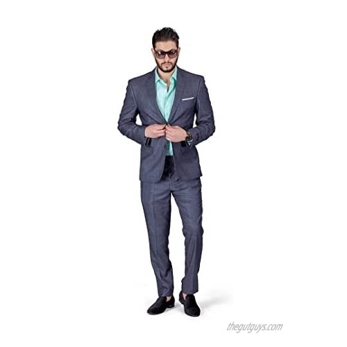 Slim Fit Men Suit Chambray Windowpane Plaid 2 Button Notch Collar AZAR 11826