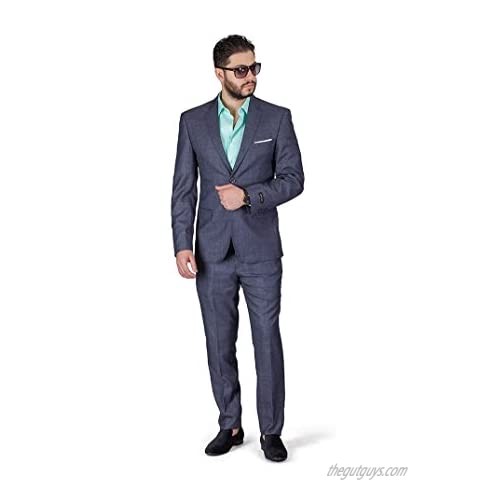 Slim Fit Men Suit Chambray Windowpane Plaid 2 Button Notch Collar AZAR 11826