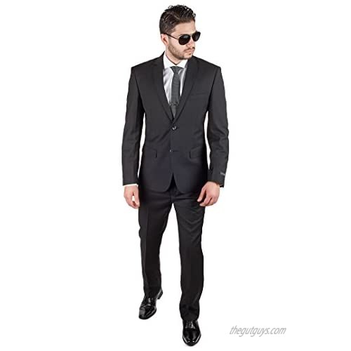 Slim Fit Men Suit Solid Black 2 Button Notch Lapel Flat Front Pants by Azar