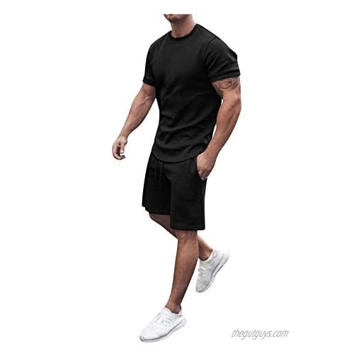 Stoota Men's Tracksuit Summer  2PC Short Sleeve Slim Fit Solid Sweatshirt Jogger Sweatpants T-Shirts Shorts Sports Suits