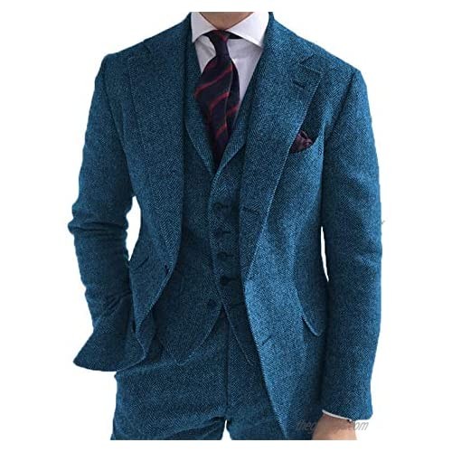 Tweed Herringbone Men Suit Notch Lapel Blazer Slim Fit Wedding Groom Suits(Blazer+Vest+Pants)