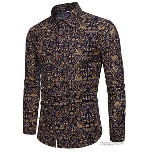 VEZAD Men's Tracksuit Ethnic Style Printed Cotton And Linen Long-Sleeved Shirt + Pants Suit