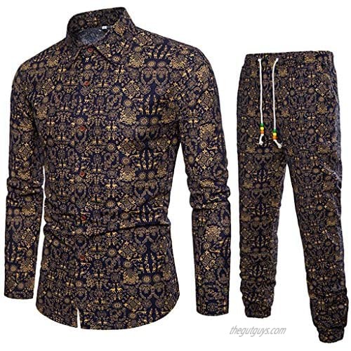 VEZAD Men's Tracksuit Ethnic Style Printed Cotton And Linen Long-Sleeved Shirt + Pants Suit