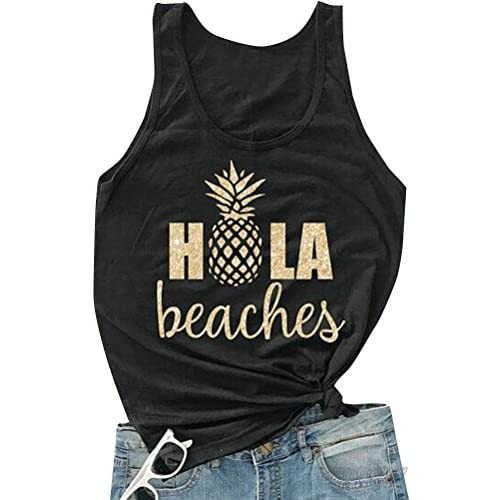 Dresswel Women's Casual Hola Beaches Pineapple Letter Print Tanks Tee Shirt Tops
