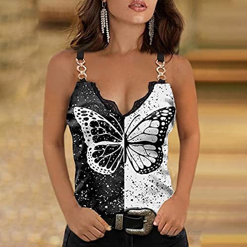 Kaitobe Tank Tops for Women Butterfly Print Lace Chain Cami Tank Top Sleeveless T-Shirts V Neck Casual Blouse Tops Tunic