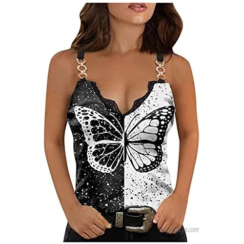 Kaitobe Tank Tops for Women Butterfly Print Lace Chain Cami Tank Top Sleeveless T-Shirts V Neck Casual Blouse Tops Tunic