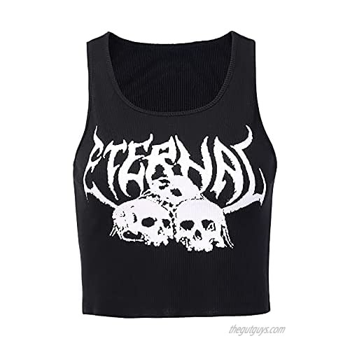 Mufeng Women Lady Cropped Tank Top Shirts Y2K Skeleton Gothic Sleeveless Tee Ribbed Knit Cami Crop Tops Streetwear
