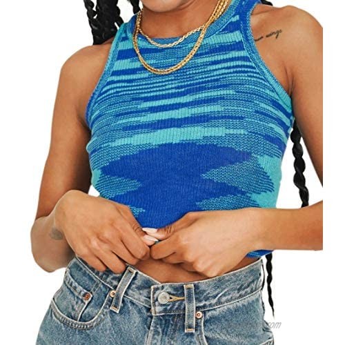 SAFRISIOR Women Y2K Knit Tank Top Vintage Sleeveless Round Neck Racerback Tank Vest Casual Summer Slim Shirt Camisole
