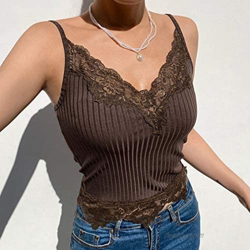 Sdencin Lace Patchwork Y2K Crop Tank Top V-neck Sexy Sleeveless Backless Spaghetti Strap Camisole Top Shirt