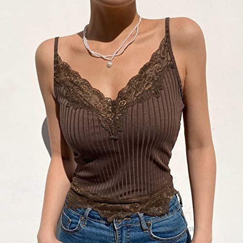Sdencin Lace Patchwork Y2K Crop Tank Top V-neck Sexy Sleeveless Backless Spaghetti Strap Camisole Top Shirt