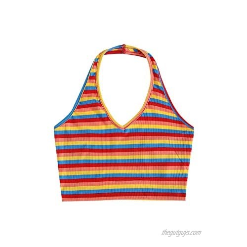 SOLY HUX Women's Rainbow Striped Ribbed Knit Halter Crop Top