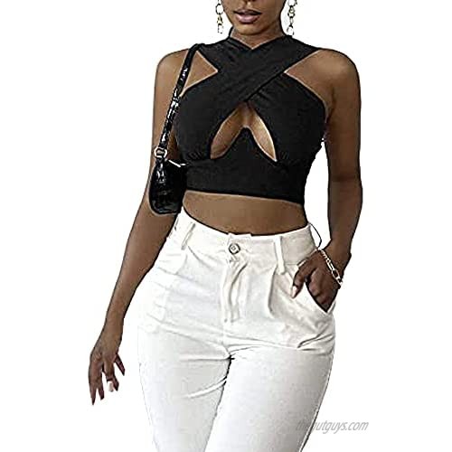 Swahugh Criss Cross Halter Corset Tops for Women Sexy Bustier Tops Cut Out Vest Halter Tank Tops Tie Camisole