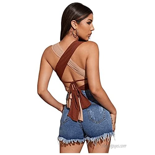 Verdusa Women's Sexy Lace Up Criss Cross Cut Out Plunge Backless Crop Tank Top