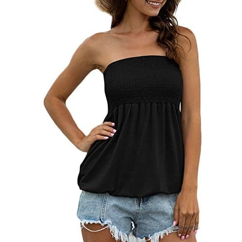 Women Strapless Tube Top Stretchy Ruched Front Flowy Tunic Shirt