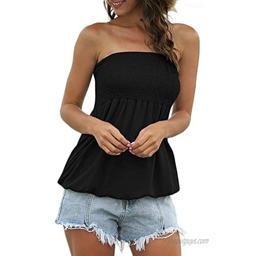 Women Strapless Tube Top Stretchy Ruched Front Flowy Tunic Shirt