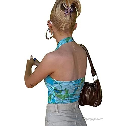 Women's Deep V Neck Halter Crop Cami Y2k Strappy Backless Vest Drawstring Tie Front Crop Cami Top 90s Vintage