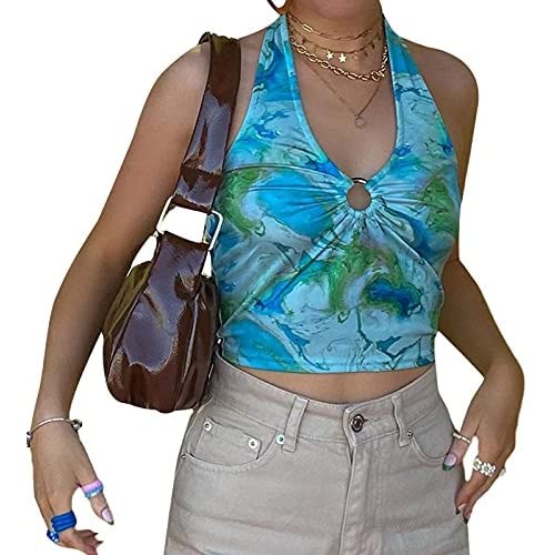 Women's Deep V Neck Halter Crop Cami Y2k Strappy Backless Vest Drawstring Tie Front Crop Cami Top 90s Vintage