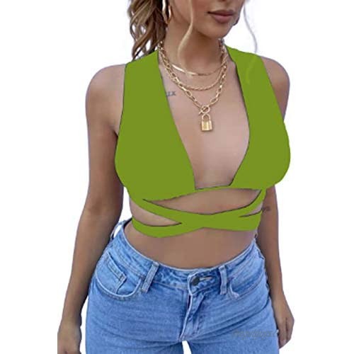 Women's Sexy Deep V Neck Lace Up Bandage Criss Cross Wrap Tie Plunge Backless Basic Crop Sleeveless Tops Tank