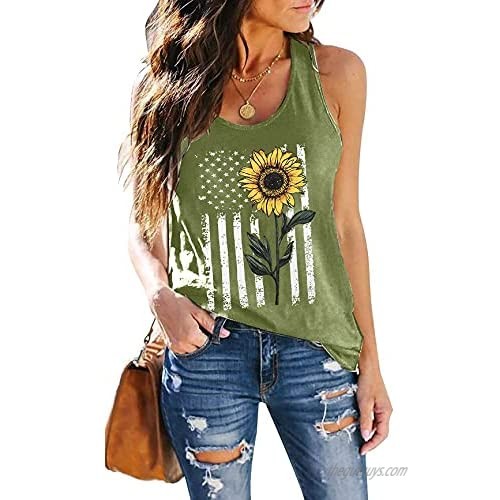 Womens Sunflower Racerback Tank Tops American Flag Summer Vest Sunflower Graphic Sleeveless Tee