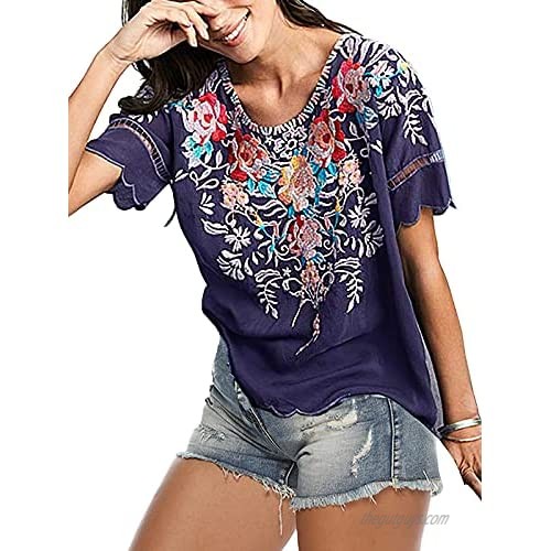 Akivide Womens Western Ethnic Style T-Shirts Flower Embroidery Shirts for Women Plus Size Summer Casual Wavy Sleeves Tee