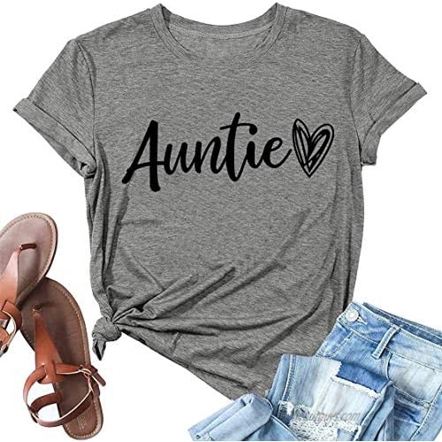 Auntie Shirt for Women Cute Love Heart Graphic Tees Aunt T-Shirt Casual Short Sleeve Vacation Shirts Tops