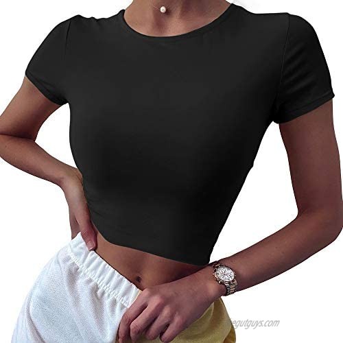 BEAGIMEG Women's Round Neck Short Sleeve Basic T-Shirt Casual Crop Tops