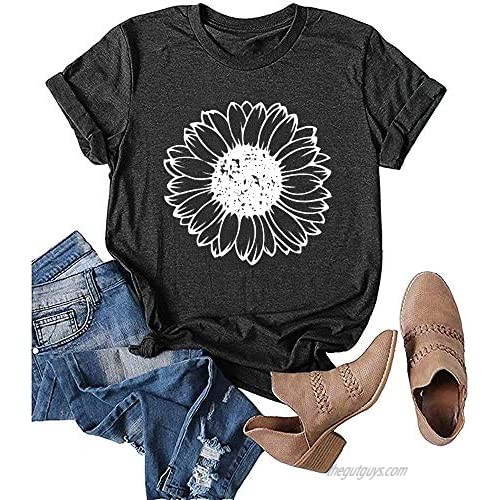 Bwogeeya Womens Sunflower T Shirts Summer Vintage Short Sleeve Cotton Graphic Printed Tees Tops