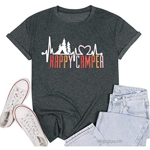 Camping Tee Shirts Women Happy Camper Cute Letter Print T-Shirt Summer Funny Short Sleeve Tee Tops