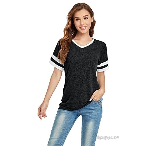 EADMON Womens V Neck T Shirt - Casual Loose Tee Short Sleeve Baseball Colorblock Striped Raglan Top