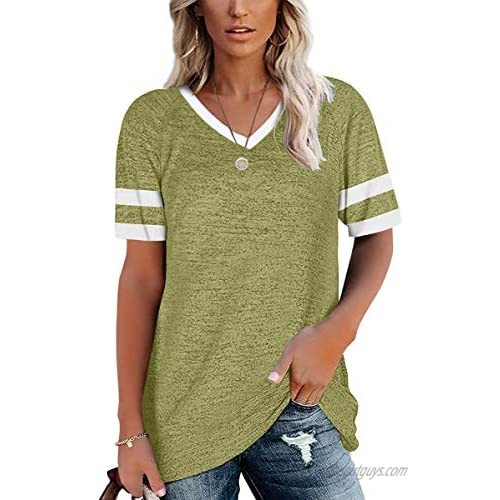 Ebifin Women Short Sleeve V Neck T Shirts Color Block Tunic Loose Blouse Casual Tee Tops