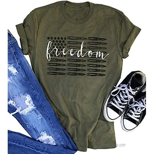 Freedom American Flag T Shirts Tee for Women Vintage 4th of July Patriotic Short Sleeve Tee Tops Casual Loose Blouse