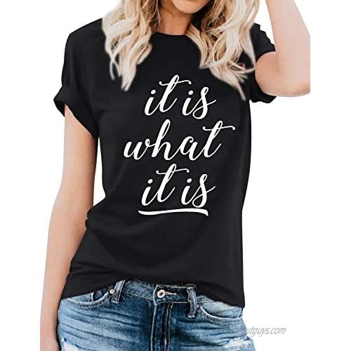 Hubery Women Casual Short Sleeve Solid Color Tee It is What It is Letter Printed Tees T Shirts Tops