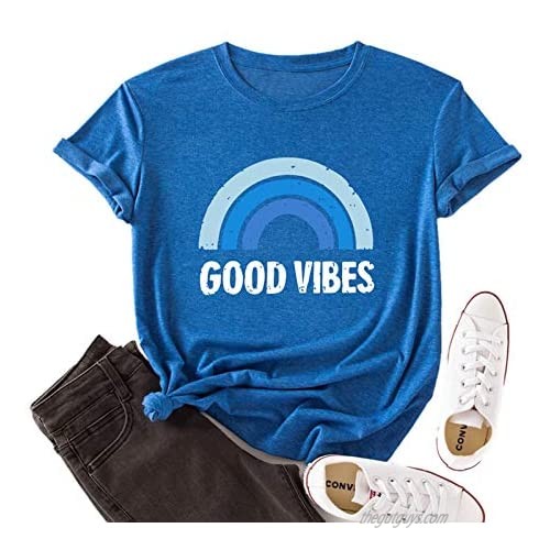 JTJFIT Good Vibes Womens T-Shirts Short Sleeve Funny Rainbow Print Cute Graphic Tee Tops