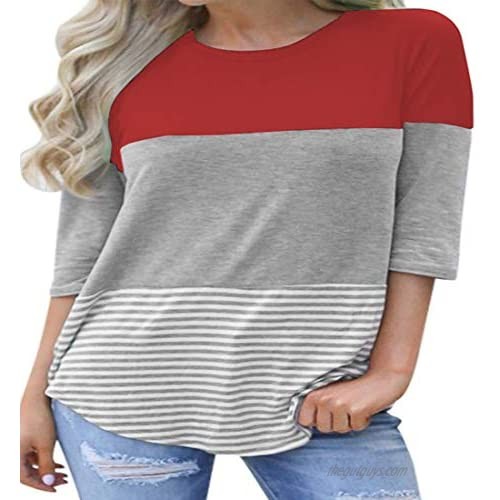 kigod Womens Plus Size 3/4 Sleeve Color Block T-Shirt Blouses Striped Tops Tee Shirts