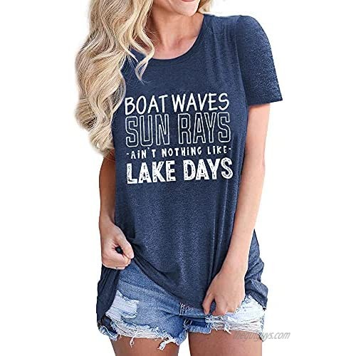 Lake Shirts Women Boat Waves Sun Rays T Shirt Funny Lake Days Tee Summer Vacation Short Sleeve Top