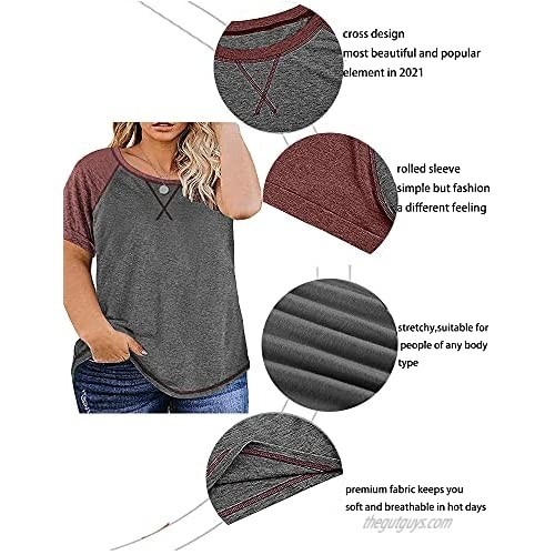 Langwyqu Womens Plus Size Raglan Short Sleeve T-Shirts Crewneck Color Block Oversize Tunic Tops
