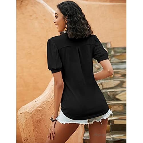 LOMON Womens Puff Sleeve Tops Casual V-Neck T-Shirts Tunic Blouse for Summer