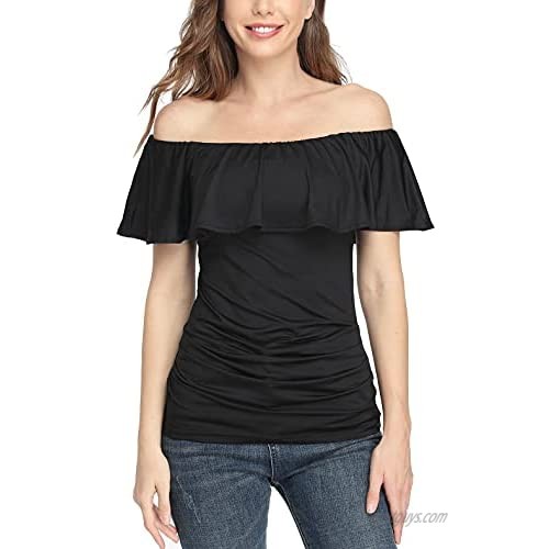 MISS MOLY Women's Flutter Off Shoulder Ruffle Summer Tops Short Sleeves Sexy Slim T Shirts Elegant
