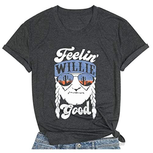 MOUSYA Women T-Shirt Top Feelin Willie Good Letter Printed Graphic Shirt Top Casual Short Sleeve Tee Shirt