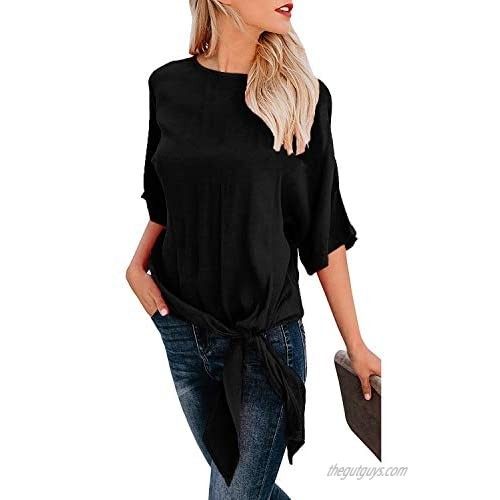 OURS Womens Casual Knot Tie Front Short Sleeve Summer T Shirt Blouses Tops