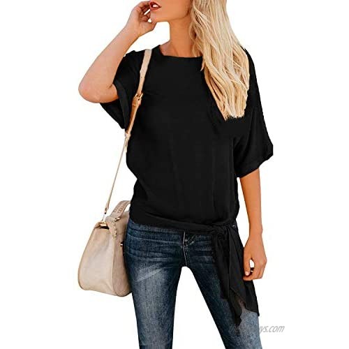 OURS Womens Casual Knot Tie Front Short Sleeve Summer T Shirt Blouses Tops