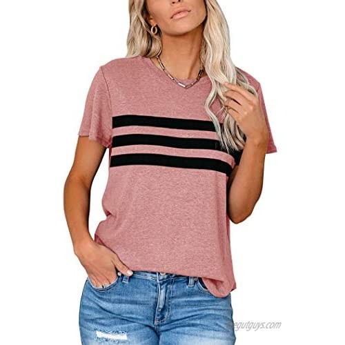 PRETTODAY Women's Summer Short Sleeve T Shirts Color Block Crew Neck Soft Tops Casual Basic Tees